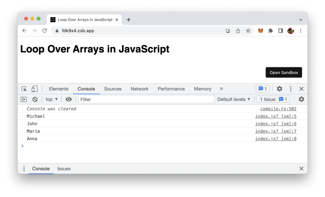 Accessing array elements one by one and printing to the browser console