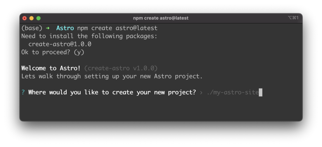 The Astro setup process is asking for the location of the new project