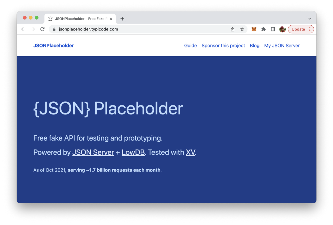 JSONPlaceholder is available at https://jsonplaceholder.typicode.com/