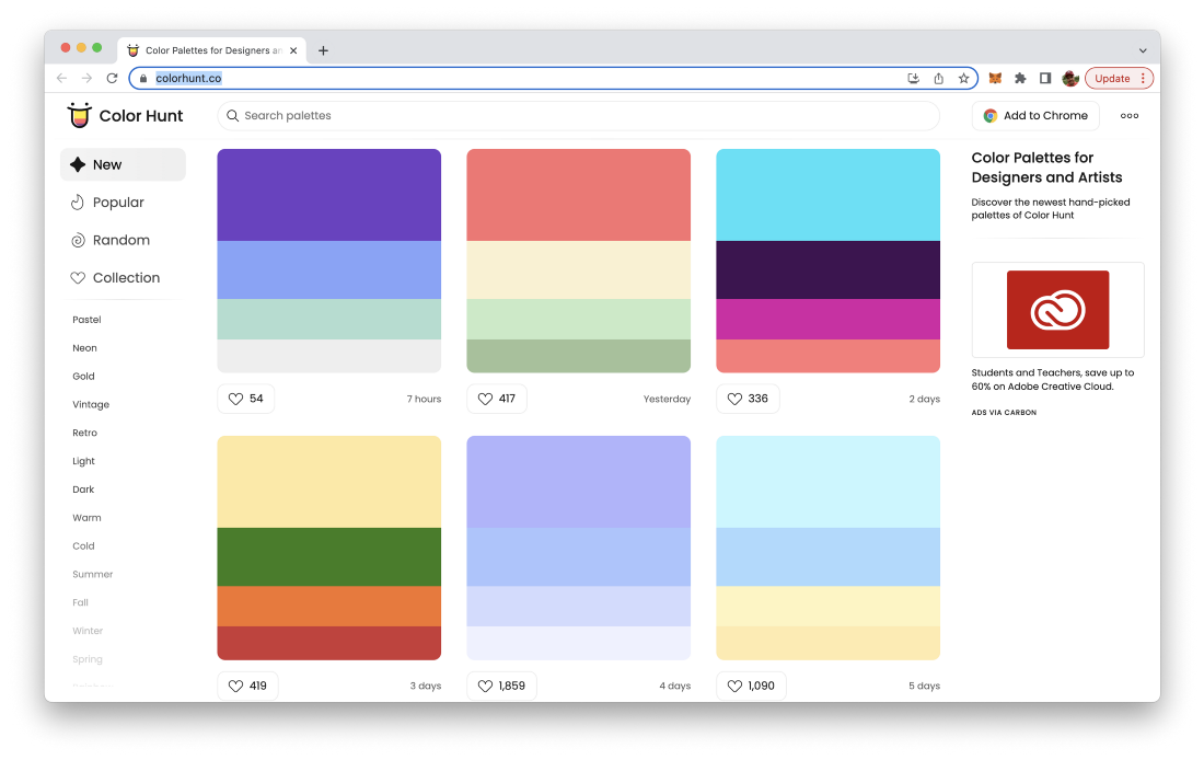 colorhunt.co offers you predefined color palettes for your next design project