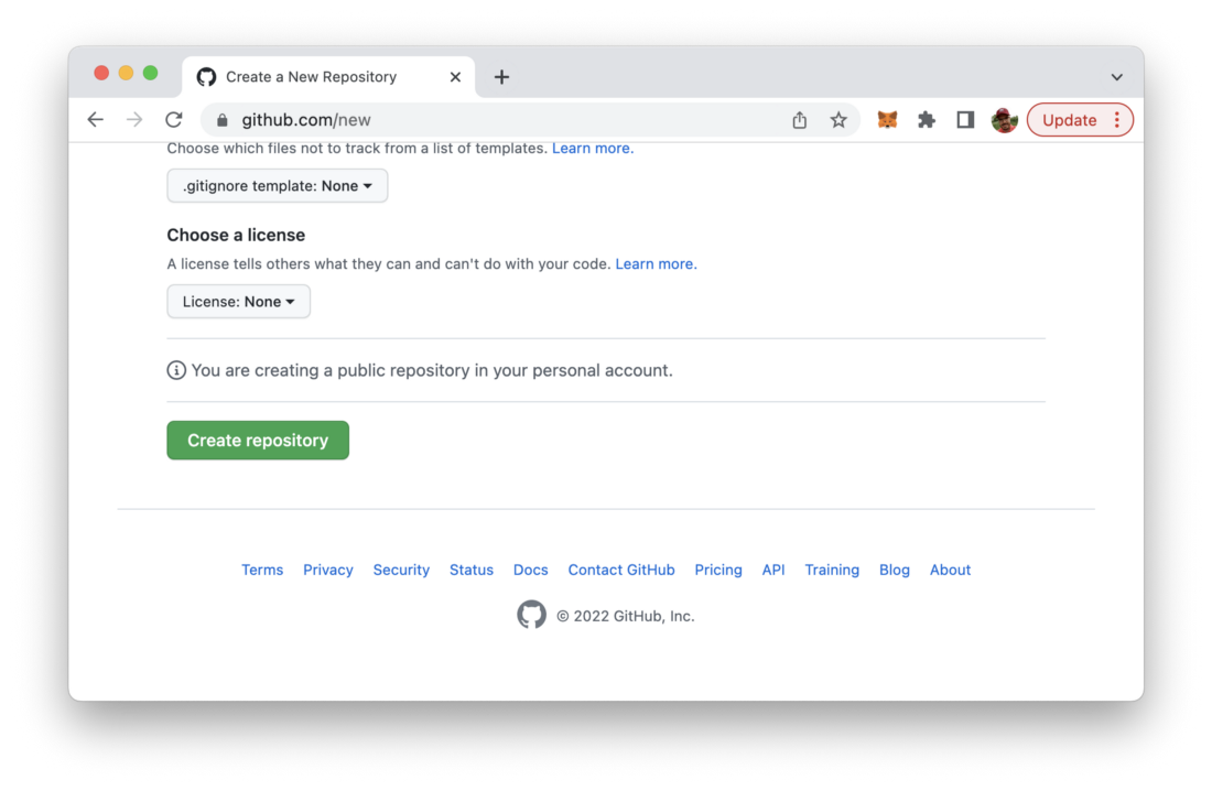 Use button “Create repository” to create the new GitHub repository