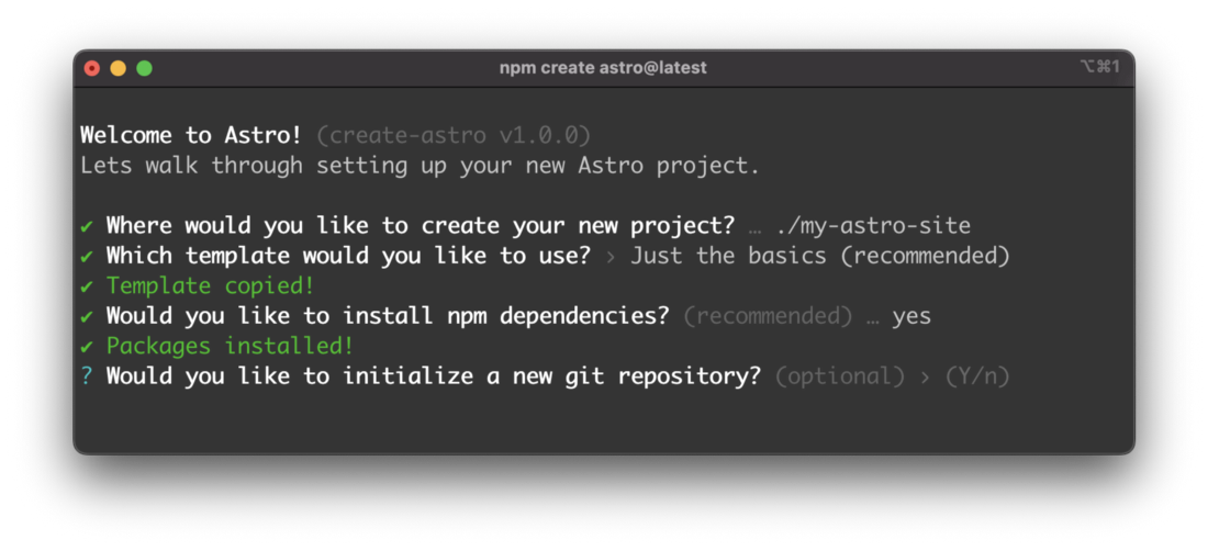 You can choose to initialize a Git repository for the new Astro project