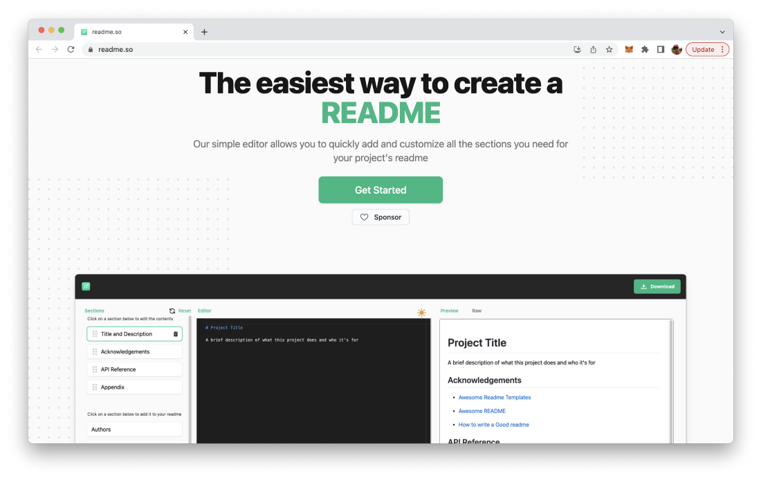 readme.so/ is a service which helps you to setup your project’s readme file with an easy to use web-based editor
