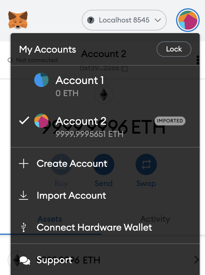 Select menu item Import Account to import an Hardhat test account