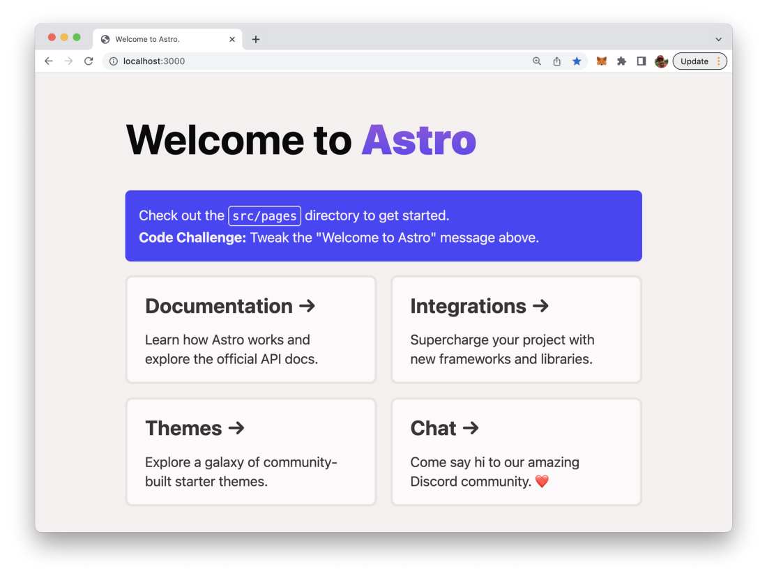 Output of the default Astro project in the browser