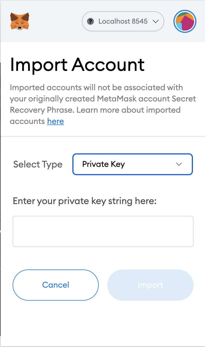 Enter the private key from one test account and import