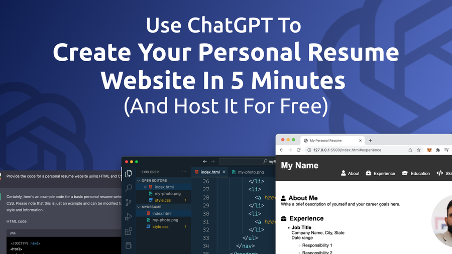 In this blog post, we'll show you how to use ChatGPT, a powerful language model, to create a personal resume website in just 5 minutes. We'll also show you how to host your website for free with the help of ChatGPT!