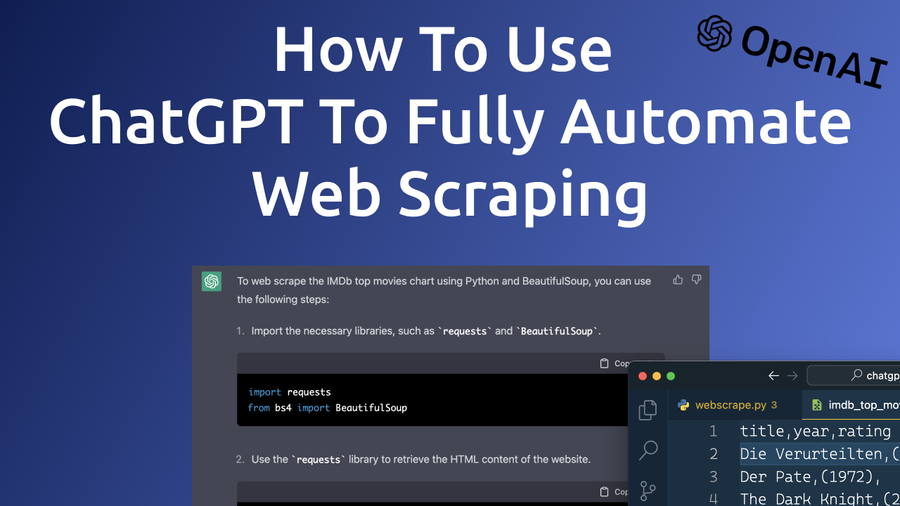 Web scraping is the process of automatically extracting data from websites using scripts. ChatGPT is able to generate the web scraping script code for you. Let's see how this works …