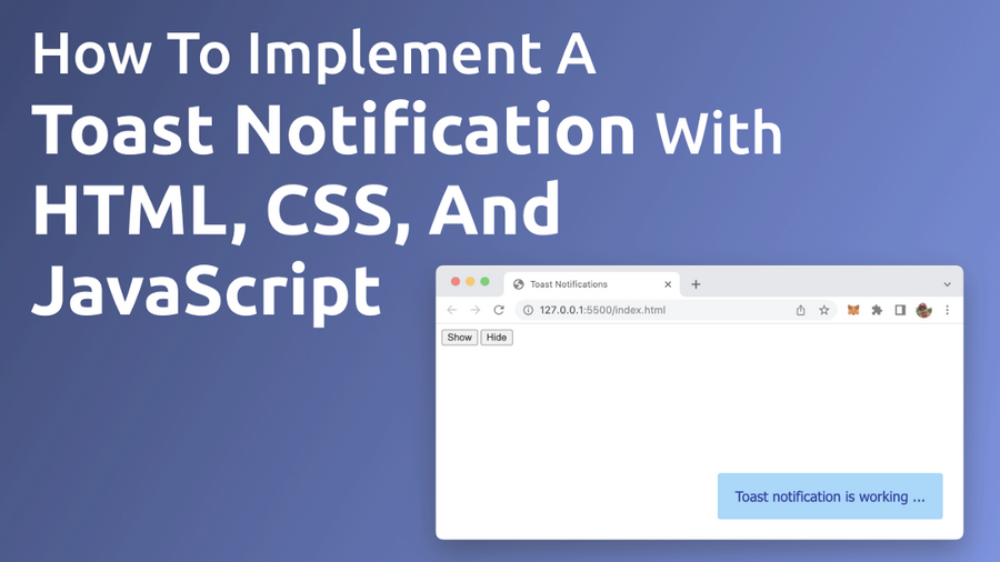A toast notification is a non-modal, unobtrusive UI element displaying just a short message. It automatically appears on the screen when an event occurs. How to implement such a toast notification from scratch with just plain HTML, CSS, and JavaScript is described in this tutorial step by step.